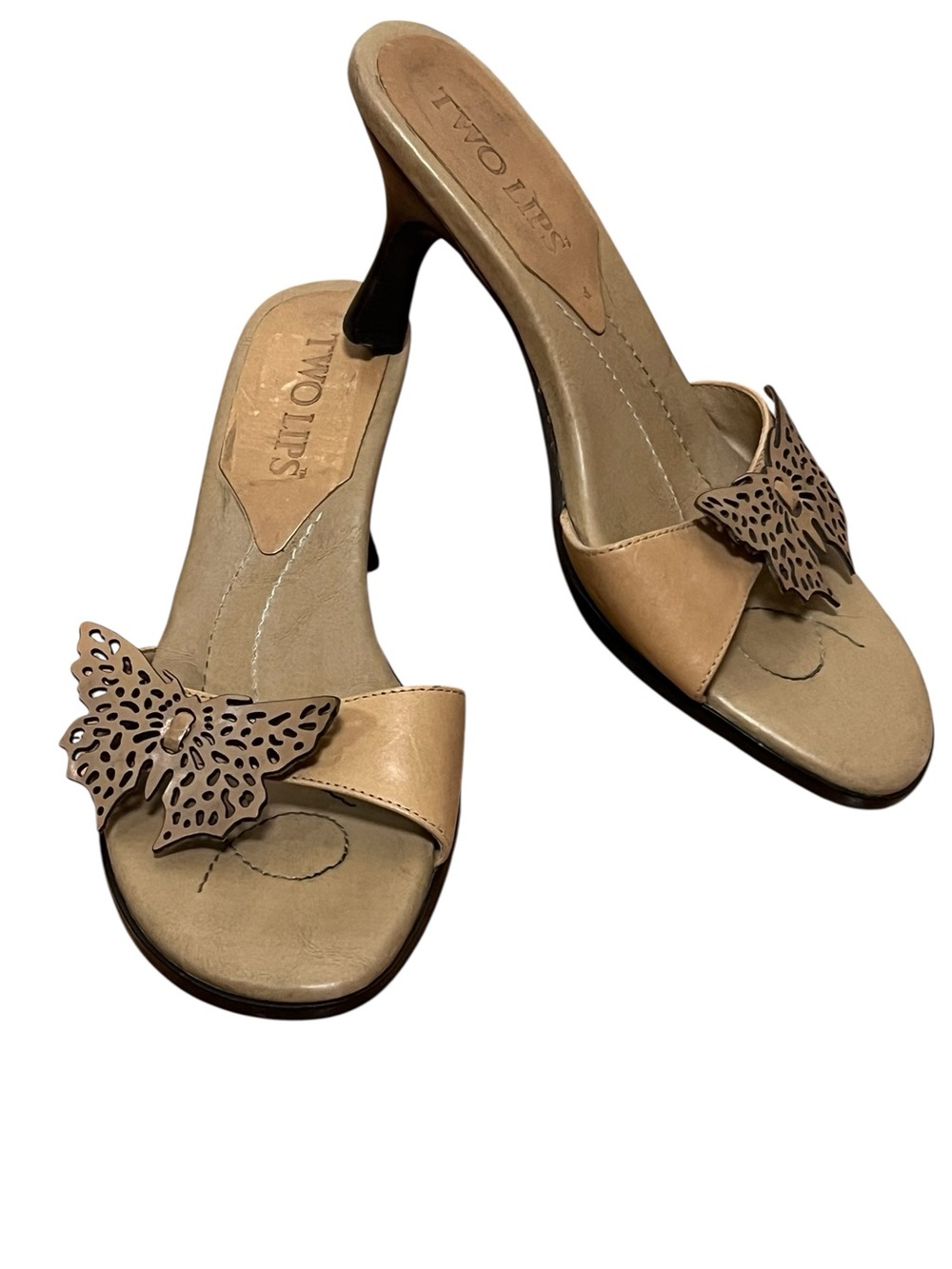 Two Lips Butterfly Tan Kitten Heels Mules Y2K — Size 6.5 - Picture 7 of 12